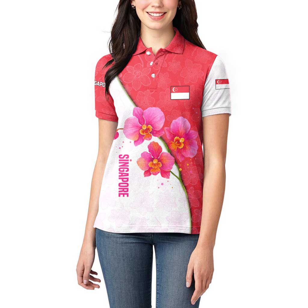 Singapore Women Polo Shirt with Orchid Flower Design and National Flag Motif
