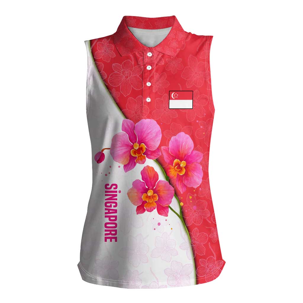 Singapore Women Sleeveless Polo Shirt with Orchid Flower Design and National Flag Motif