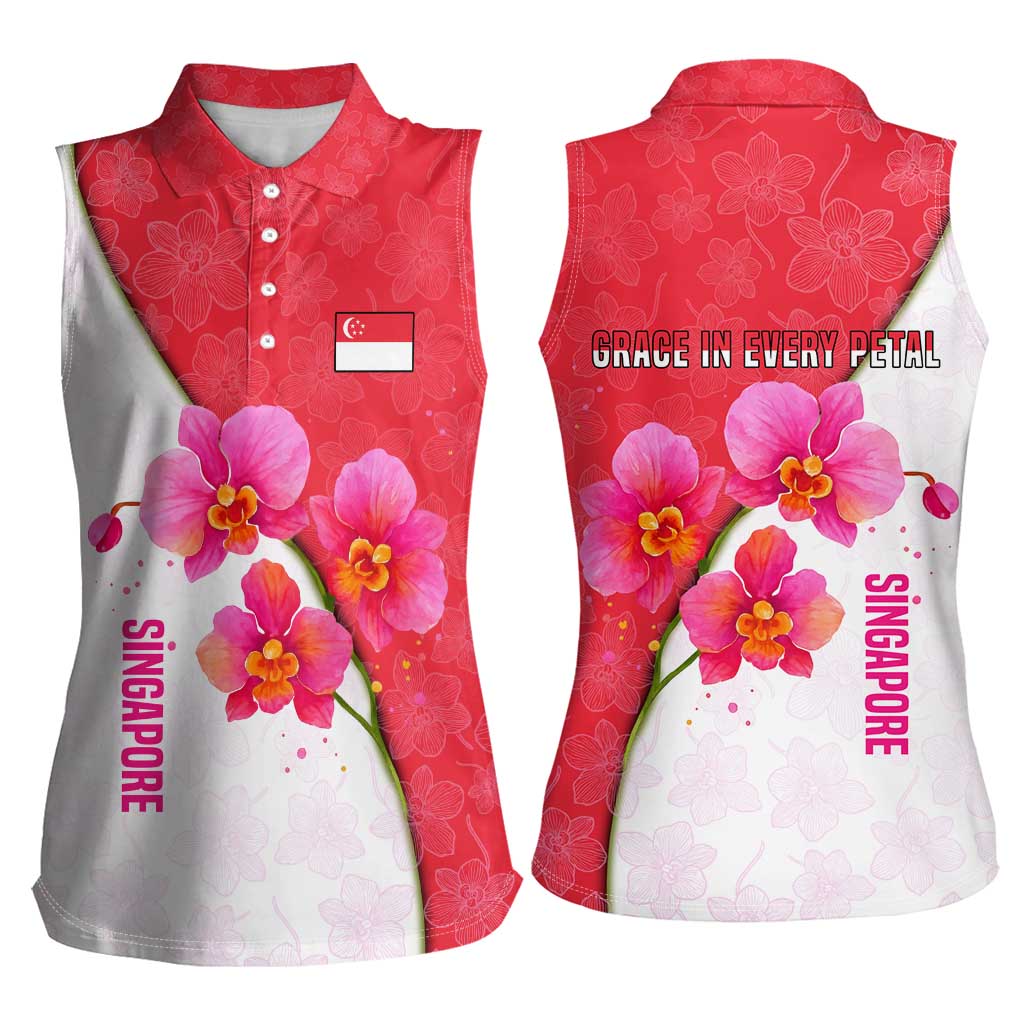 Singapore Women Sleeveless Polo Shirt with Orchid Flower Design and National Flag Motif