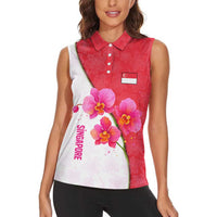 Singapore Women Sleeveless Polo Shirt with Orchid Flower Design and National Flag Motif