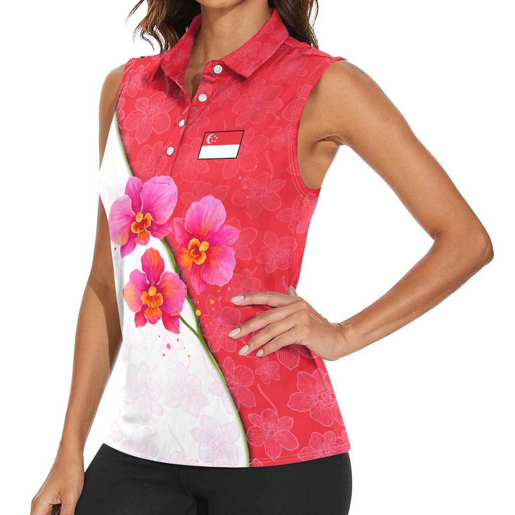 Singapore Women Sleeveless Polo Shirt with Orchid Flower Design and National Flag Motif