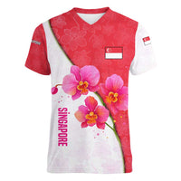 Singapore Women V-Neck T-Shirt with Orchid Flower Design and National Flag Motif