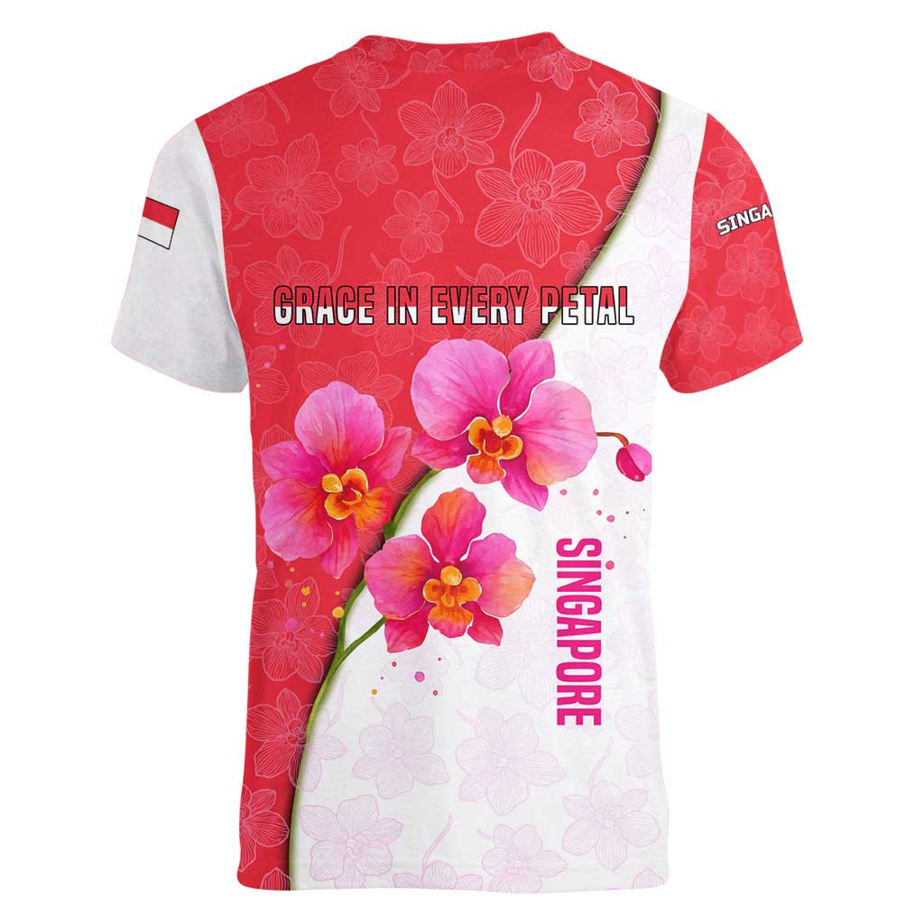 Singapore Women V-Neck T-Shirt with Orchid Flower Design and National Flag Motif