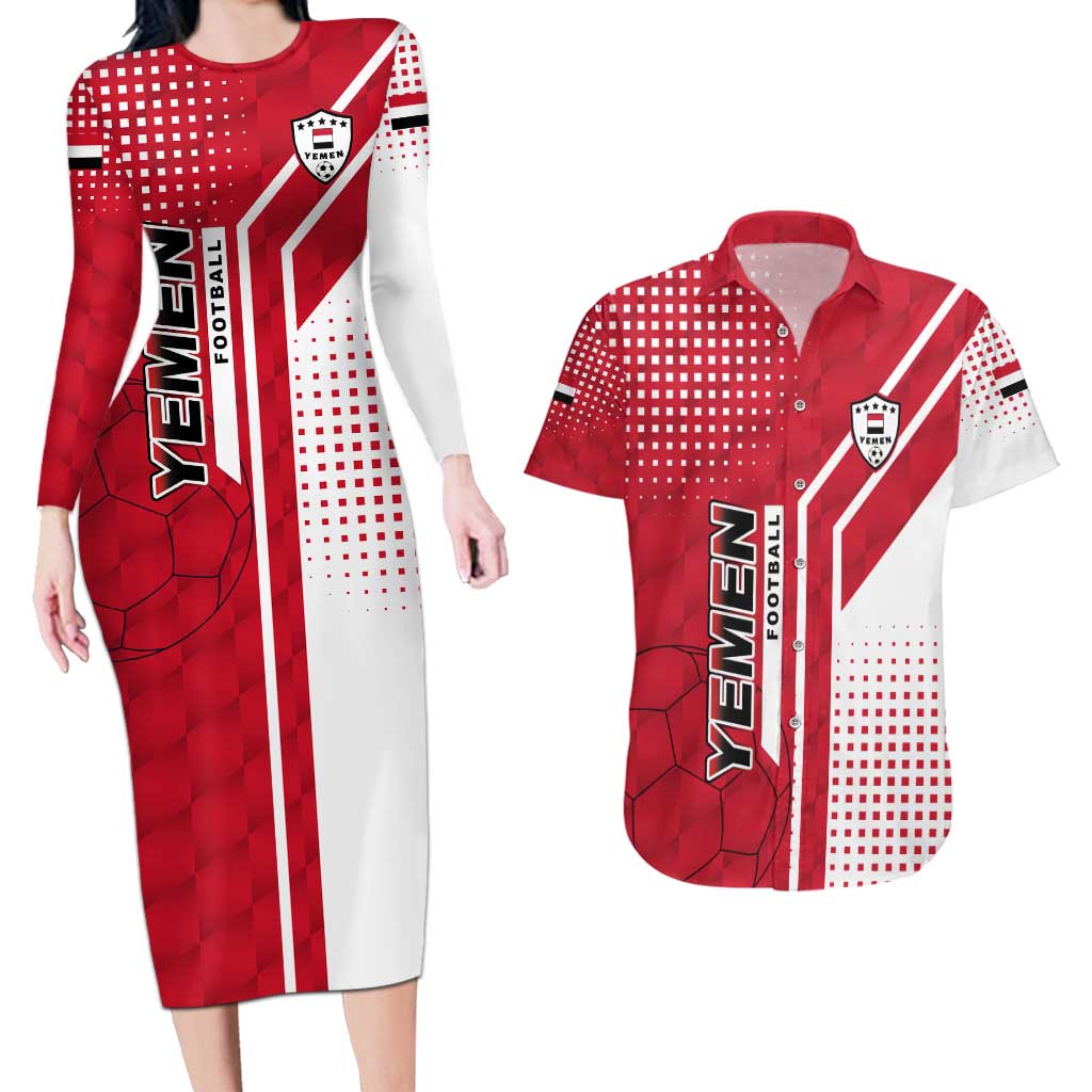Yemen Football Couples Matching Long Sleeve Bodycon Dress and Hawaiian Shirt with Red and White Flag Design
