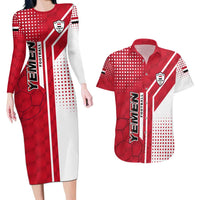 Yemen Football Couples Matching Long Sleeve Bodycon Dress and Hawaiian Shirt with Red and White Flag Design