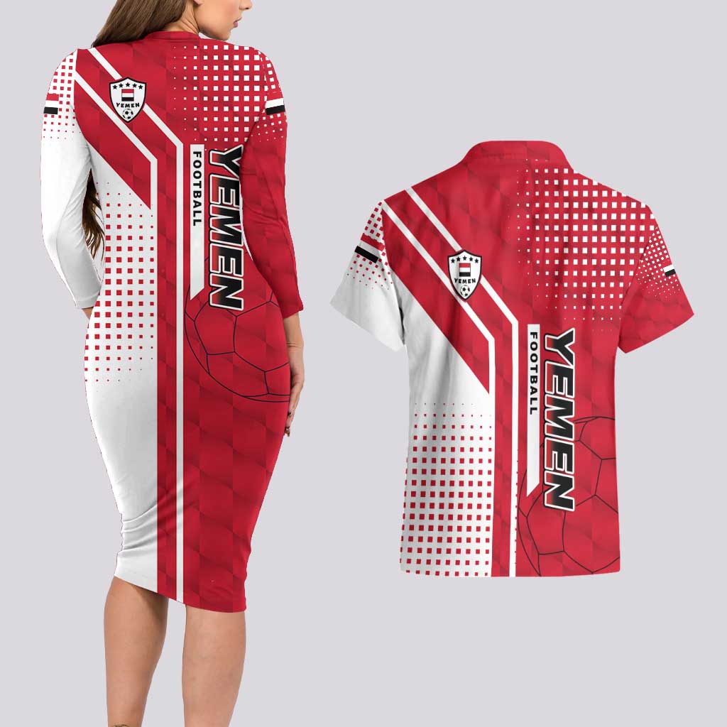 Yemen Football Couples Matching Long Sleeve Bodycon Dress and Hawaiian Shirt with Red and White Flag Design