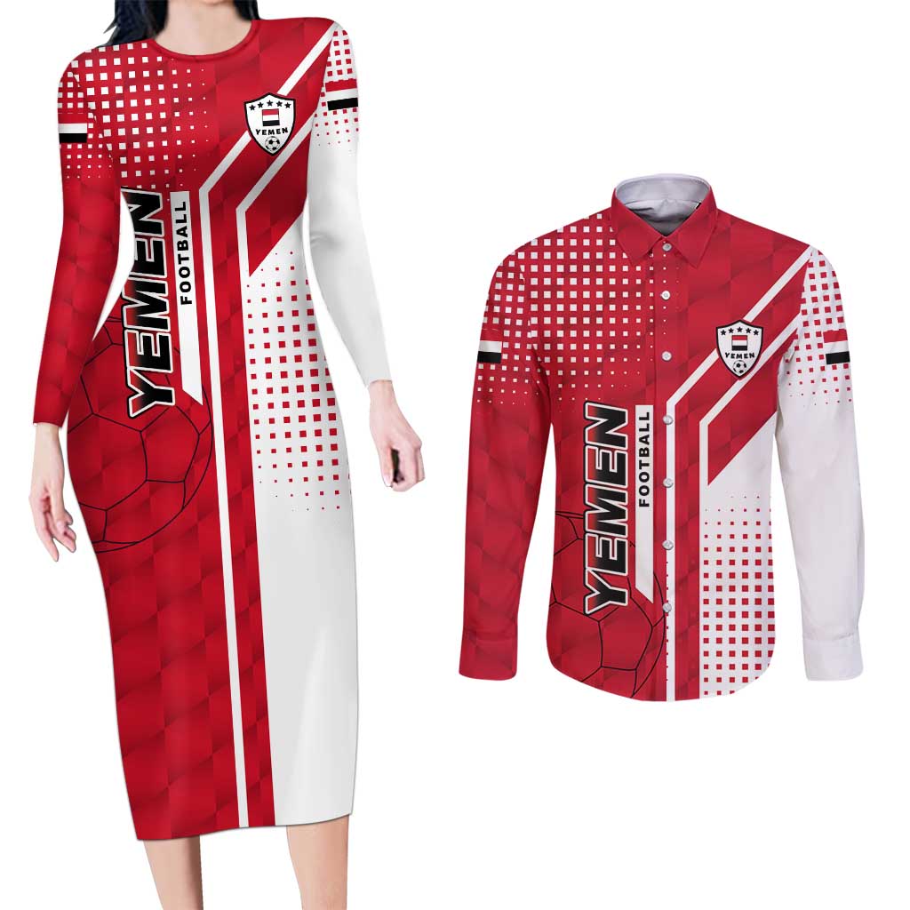 Yemen Football Couples Matching Long Sleeve Bodycon Dress and Long Sleeve Button Shirt with Red and White Flag Design