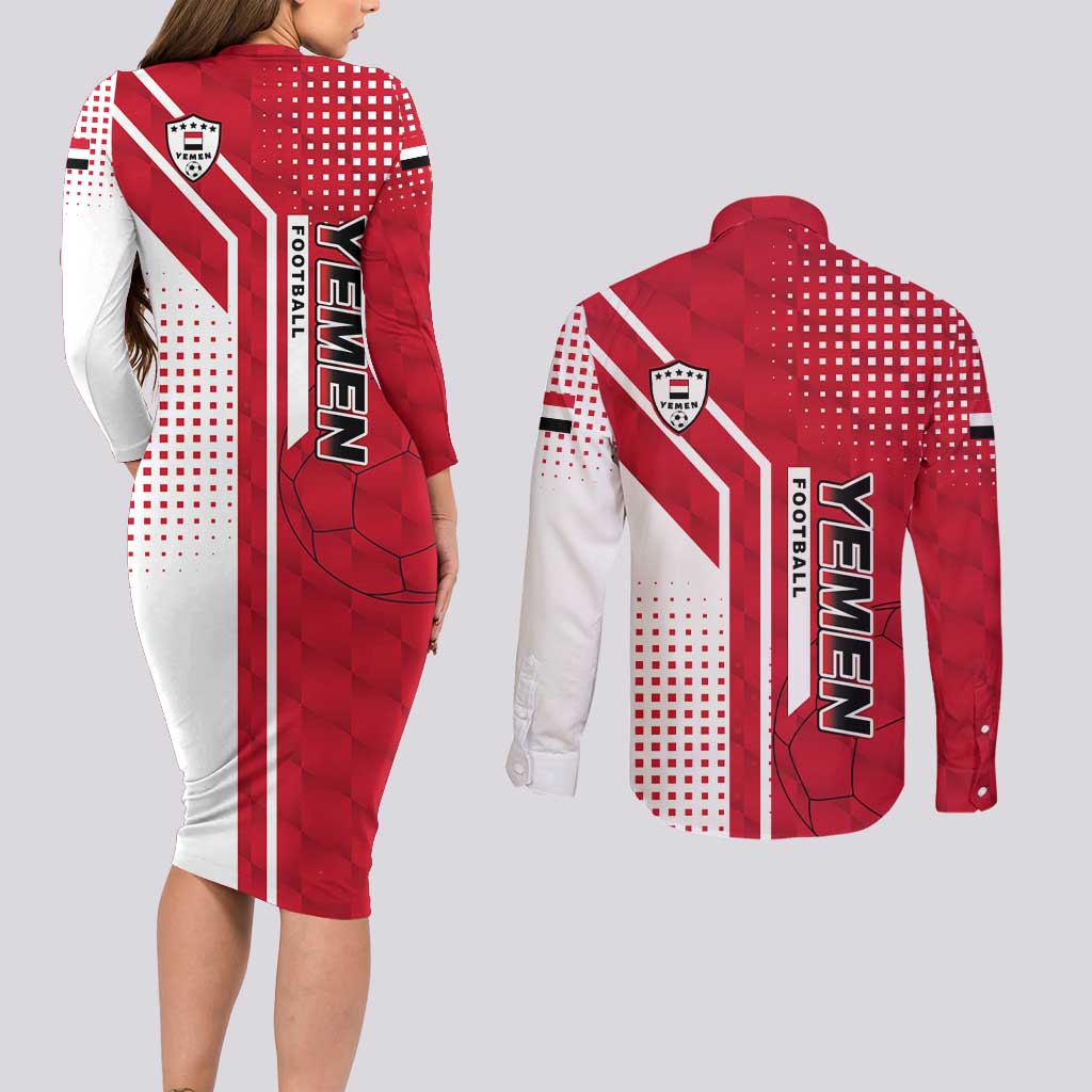 Yemen Football Couples Matching Long Sleeve Bodycon Dress and Long Sleeve Button Shirt with Red and White Flag Design