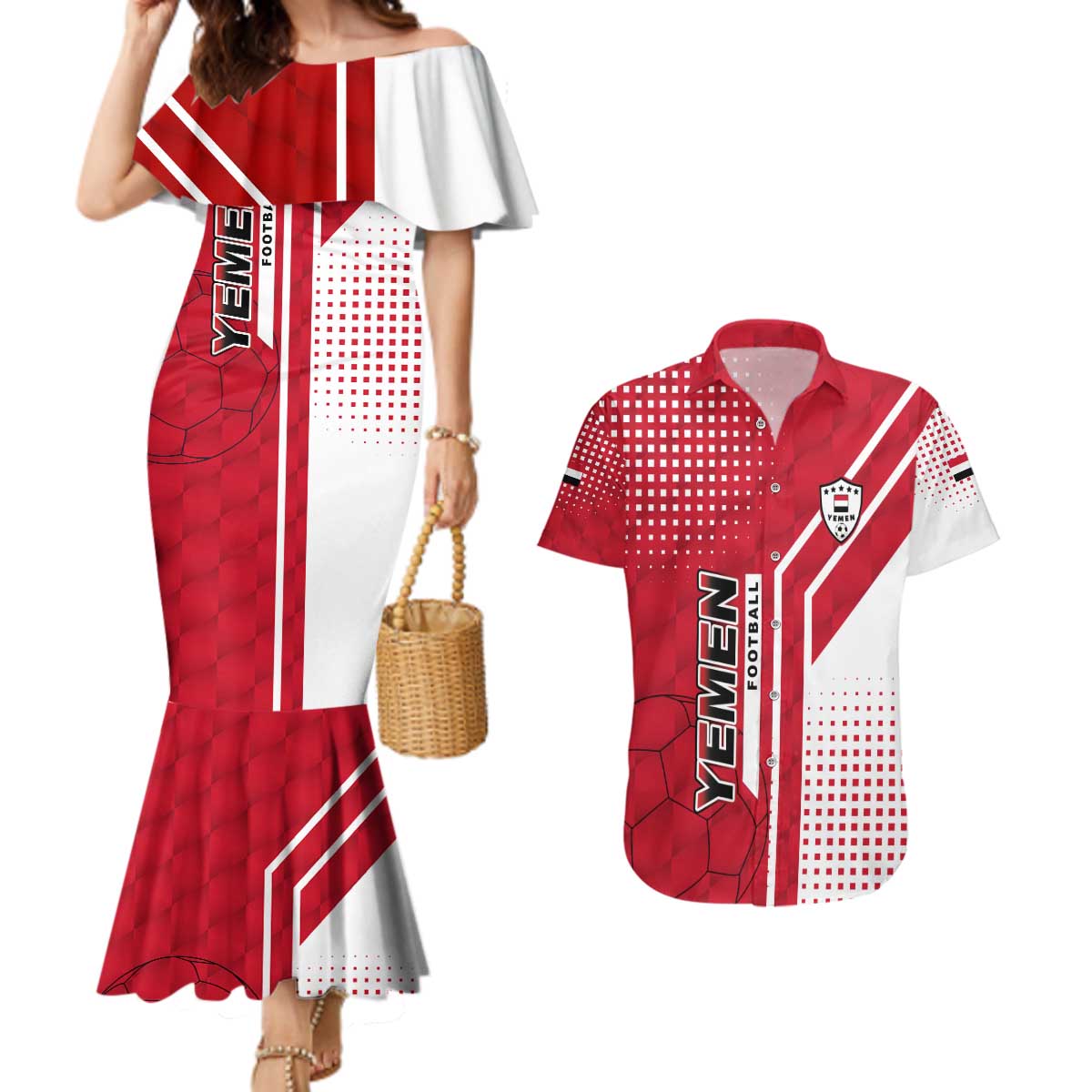 Yemen Football Couples Matching Mermaid Dress and Hawaiian Shirt with Red and White Flag Design