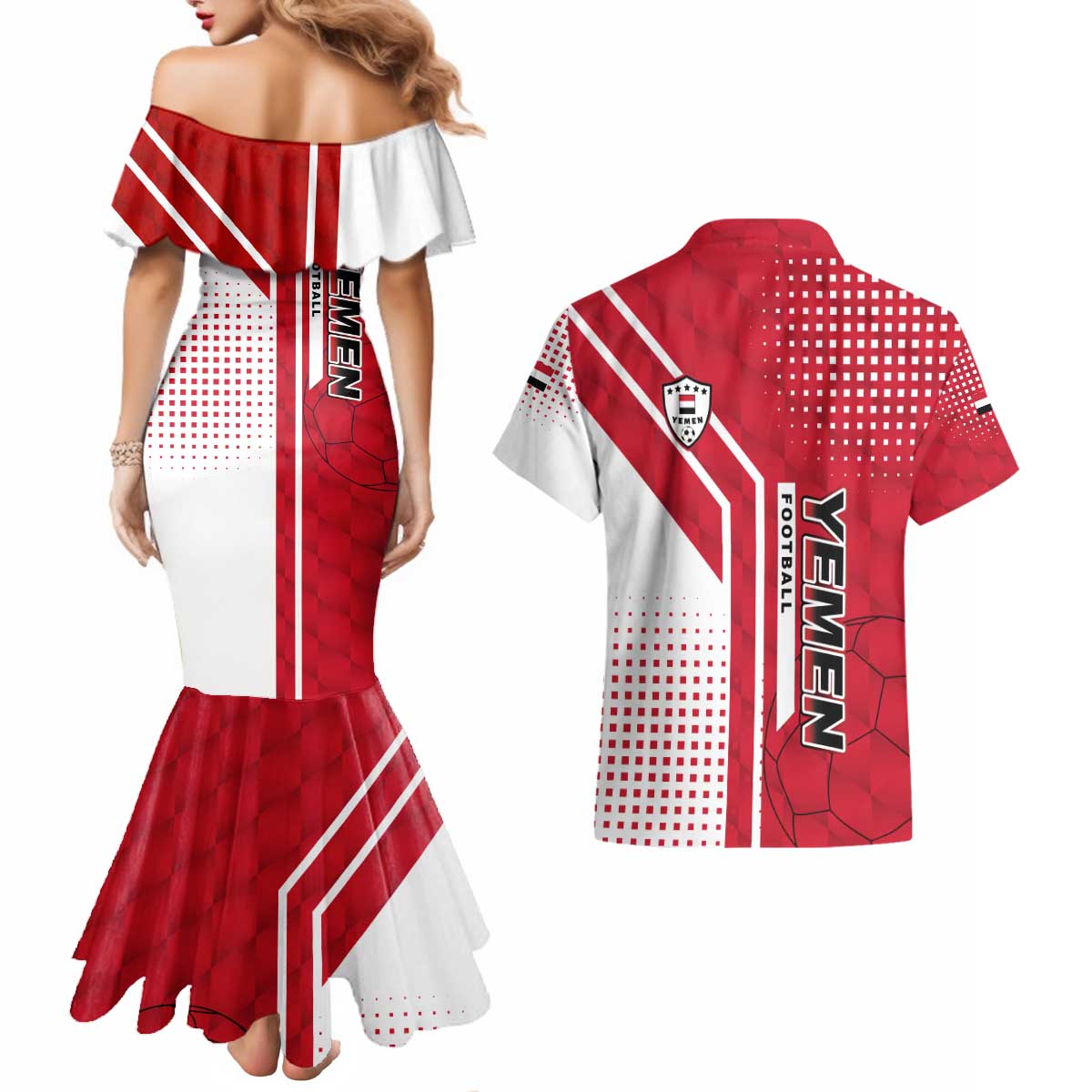 Yemen Football Couples Matching Mermaid Dress and Hawaiian Shirt with Red and White Flag Design