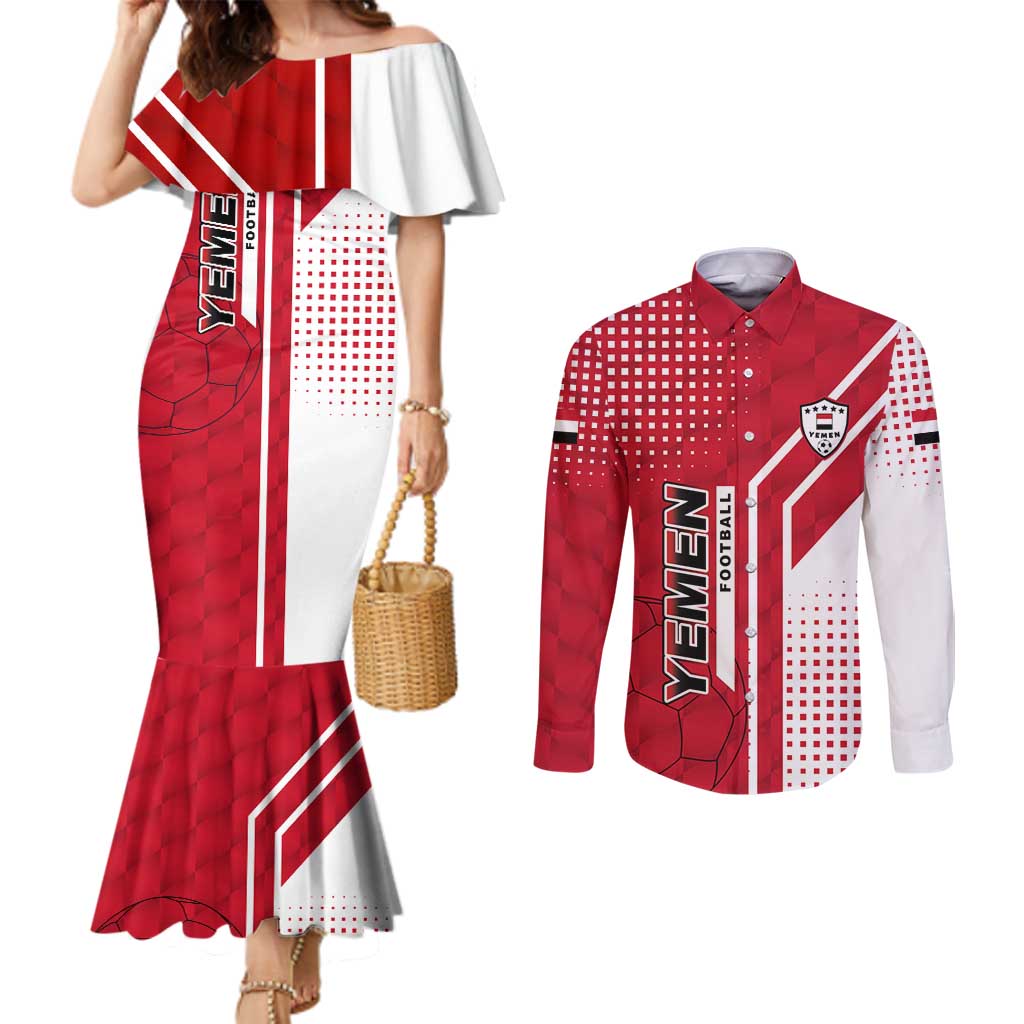 Yemen Football Couples Matching Mermaid Dress and Long Sleeve Button Shirt with Red and White Flag Design