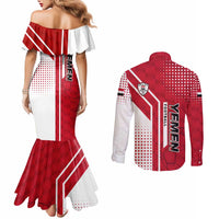 Yemen Football Couples Matching Mermaid Dress and Long Sleeve Button Shirt with Red and White Flag Design