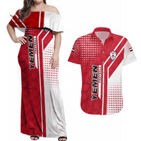 Yemen Football Couples Matching Off Shoulder Maxi Dress and Hawaiian Shirt with Red and White Flag Design