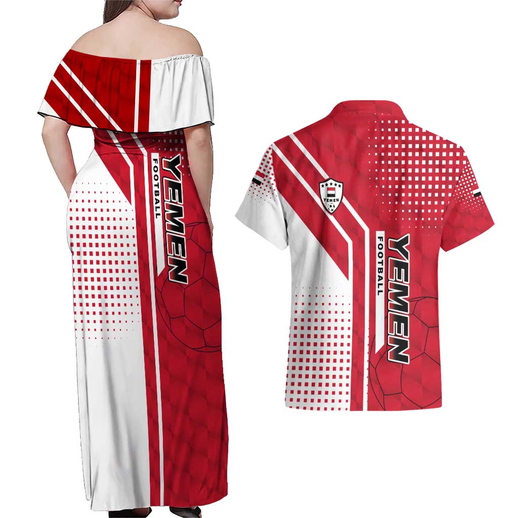 Yemen Football Couples Matching Off Shoulder Maxi Dress and Hawaiian Shirt with Red and White Flag Design