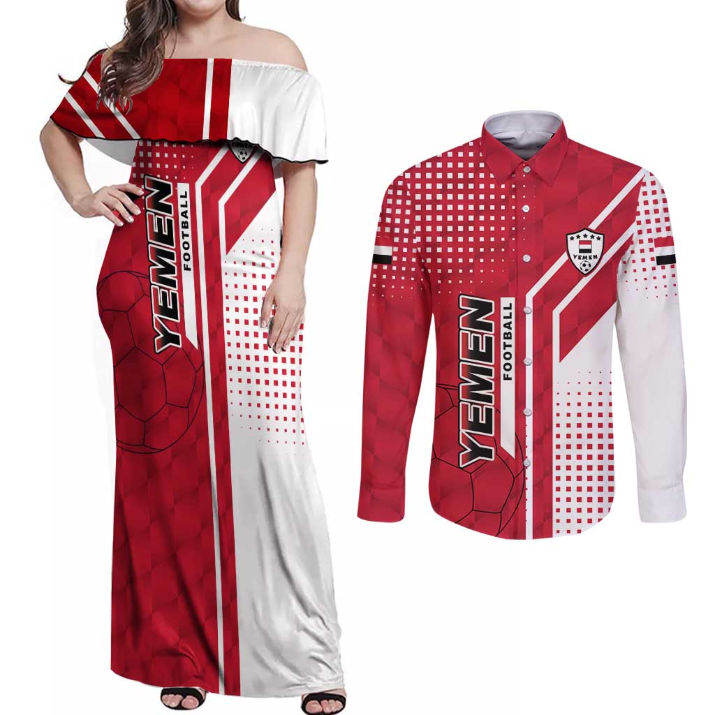 Yemen Football Couples Matching Off Shoulder Maxi Dress and Long Sleeve Button Shirt with Red and White Flag Design