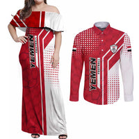 Yemen Football Couples Matching Off Shoulder Maxi Dress and Long Sleeve Button Shirt with Red and White Flag Design