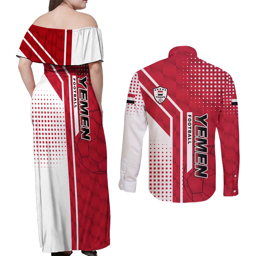 Yemen Football Couples Matching Off Shoulder Maxi Dress and Long Sleeve Button Shirt with Red and White Flag Design
