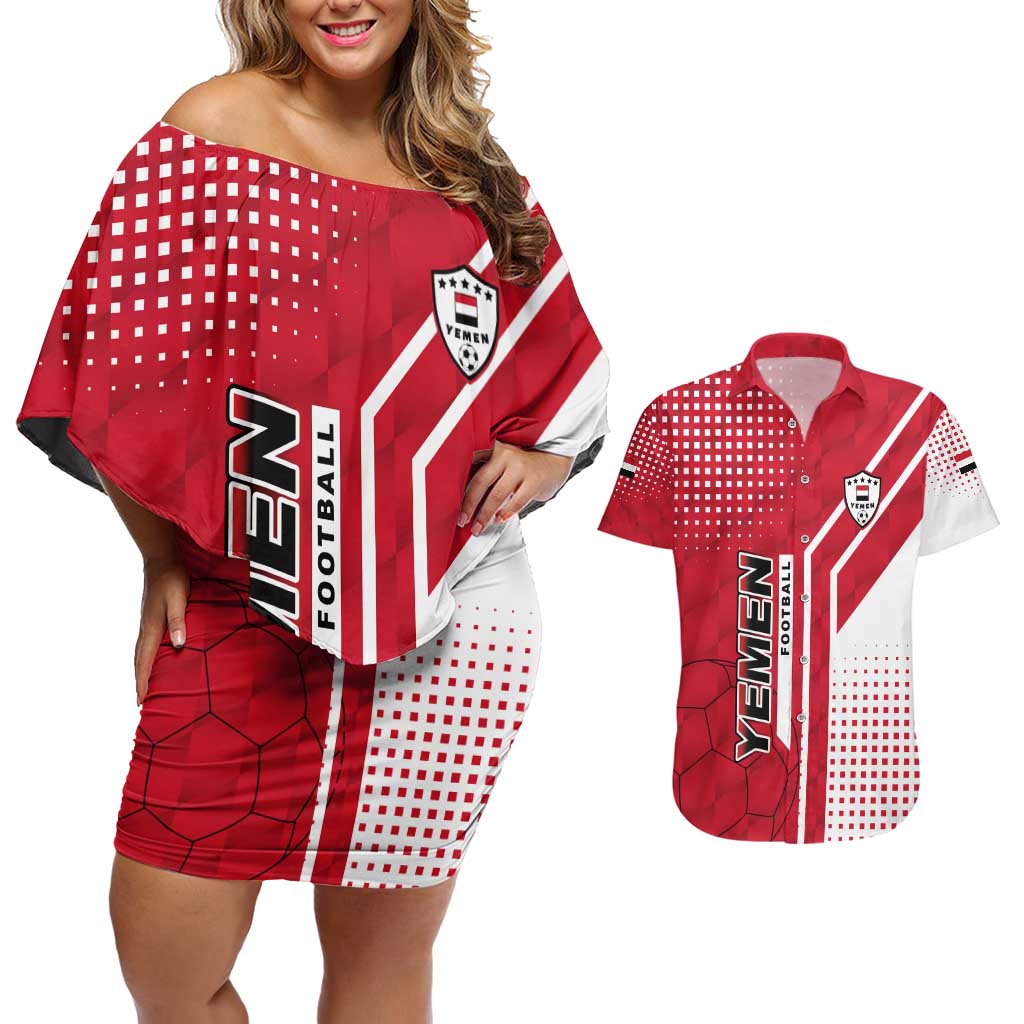 Yemen Football Couples Matching Off Shoulder Short Dress and Hawaiian Shirt with Red and White Flag Design
