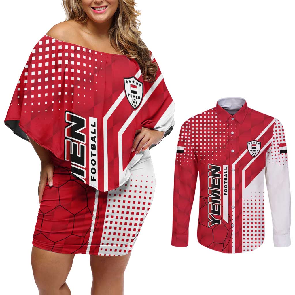 Yemen Football Couples Matching Off Shoulder Short Dress and Long Sleeve Button Shirt with Red and White Flag Design
