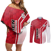 Yemen Football Couples Matching Off Shoulder Short Dress and Long Sleeve Button Shirt with Red and White Flag Design