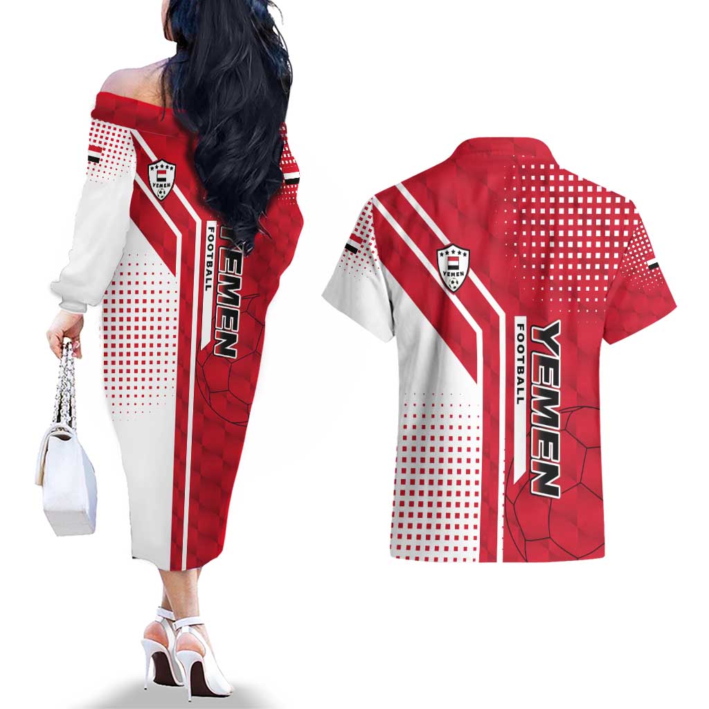 Yemen Football Couples Matching Off The Shoulder Long Sleeve Dress and Hawaiian Shirt with Red and White Flag Design