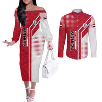 Yemen Football Couples Matching Off The Shoulder Long Sleeve Dress and Long Sleeve Button Shirt with Red and White Flag Design