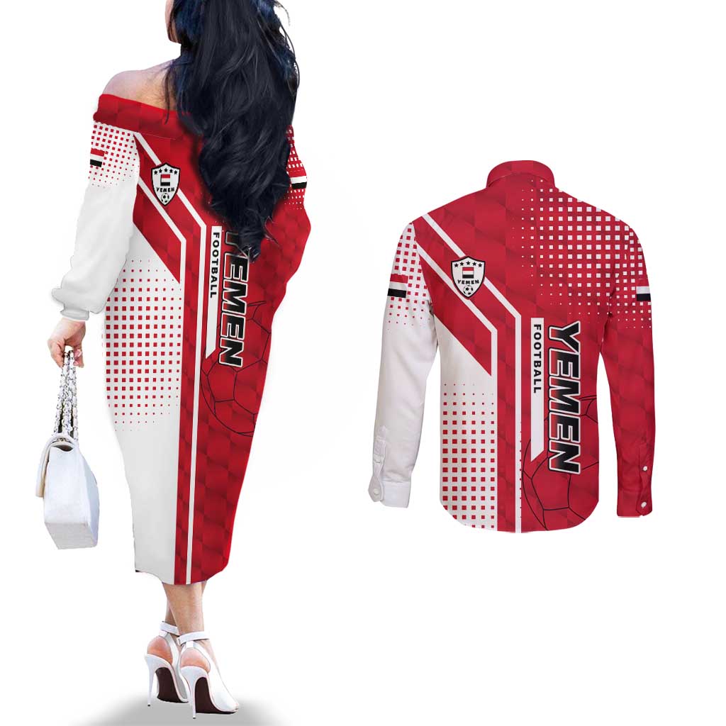 Yemen Football Couples Matching Off The Shoulder Long Sleeve Dress and Long Sleeve Button Shirt with Red and White Flag Design