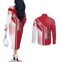 Yemen Football Couples Matching Off The Shoulder Long Sleeve Dress and Long Sleeve Button Shirt with Red and White Flag Design