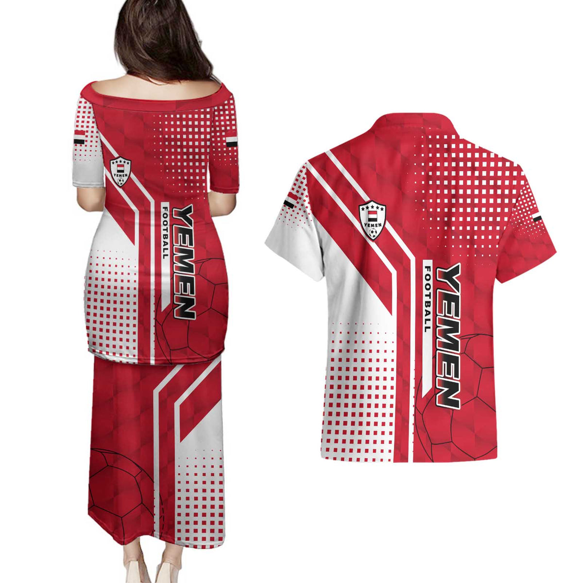 Yemen Football Couples Matching Puletasi and Hawaiian Shirt with Red and White Flag Design