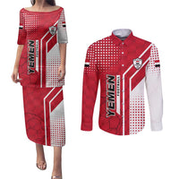 Yemen Football Couples Matching Puletasi and Long Sleeve Button Shirt with Red and White Flag Design