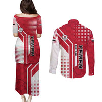 Yemen Football Couples Matching Puletasi and Long Sleeve Button Shirt with Red and White Flag Design