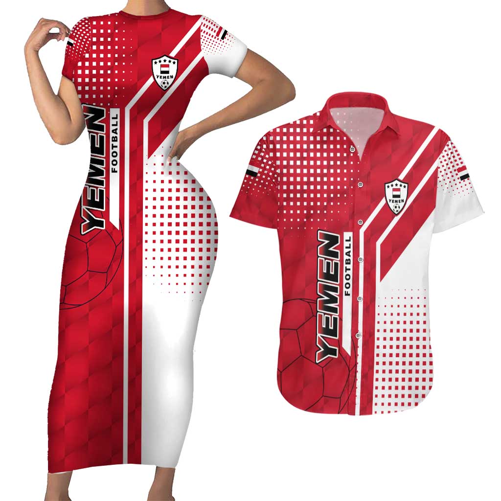 Yemen Football Couples Matching Short Sleeve Bodycon Dress and Hawaiian Shirt with Red and White Flag Design