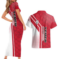 Yemen Football Couples Matching Short Sleeve Bodycon Dress and Hawaiian Shirt with Red and White Flag Design