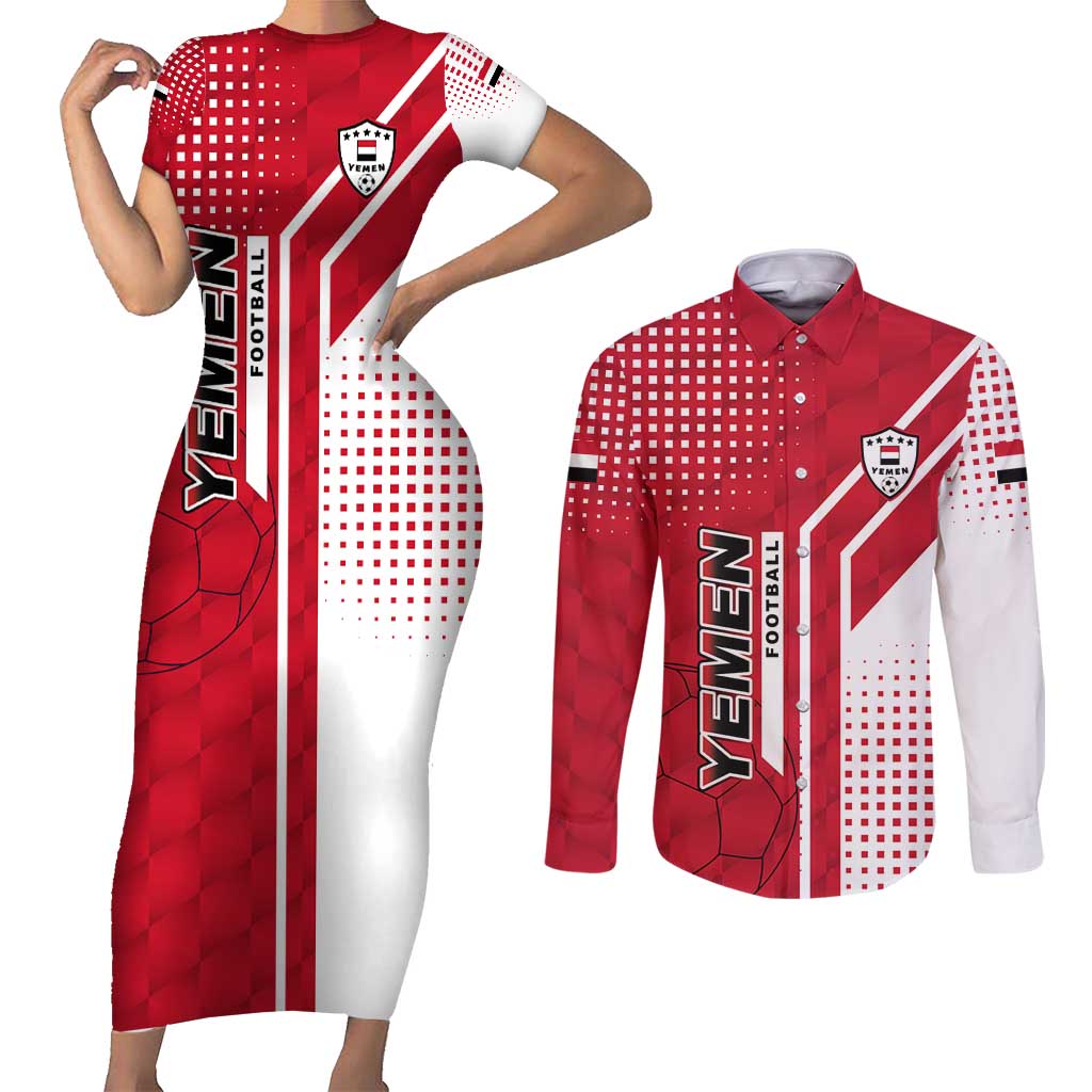 Yemen Football Couples Matching Short Sleeve Bodycon Dress and Long Sleeve Button Shirt with Red and White Flag Design