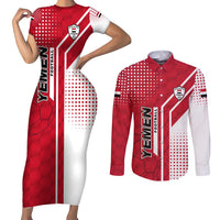 Yemen Football Couples Matching Short Sleeve Bodycon Dress and Long Sleeve Button Shirt with Red and White Flag Design