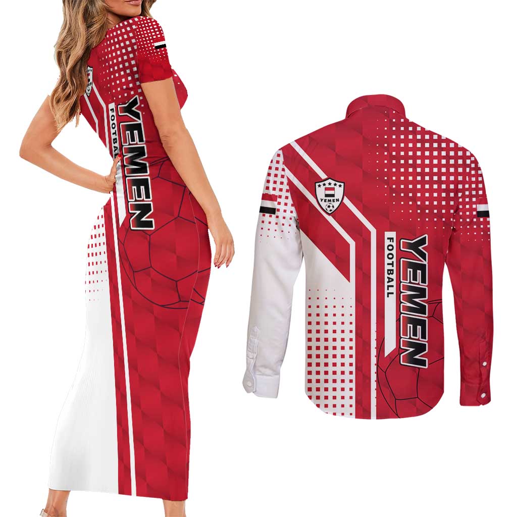 Yemen Football Couples Matching Short Sleeve Bodycon Dress and Long Sleeve Button Shirt with Red and White Flag Design