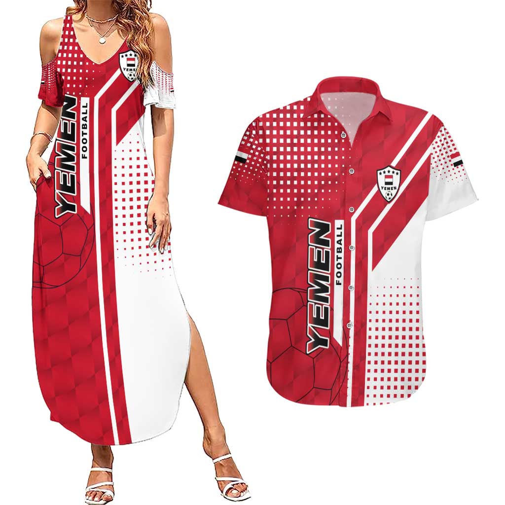 Yemen Football Couples Matching Summer Maxi Dress and Hawaiian Shirt with Red and White Flag Design