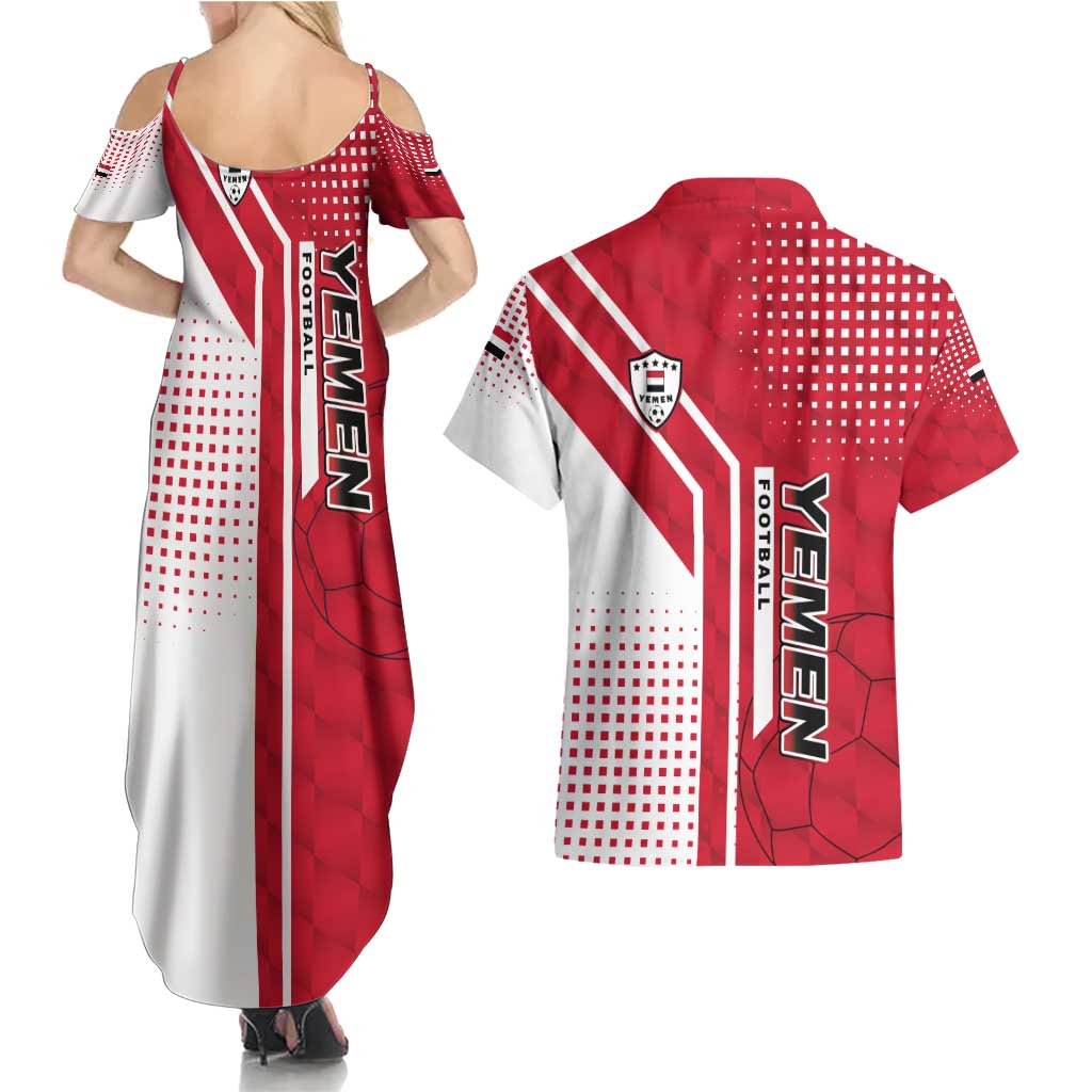 Yemen Football Couples Matching Summer Maxi Dress and Hawaiian Shirt with Red and White Flag Design