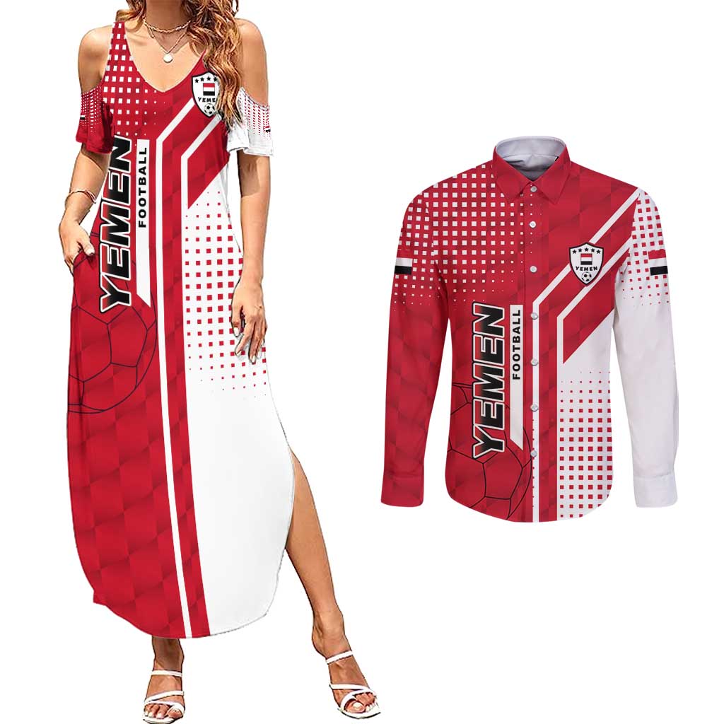 Yemen Football Couples Matching Summer Maxi Dress and Long Sleeve Button Shirt with Red and White Flag Design