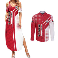 Yemen Football Couples Matching Summer Maxi Dress and Long Sleeve Button Shirt with Red and White Flag Design