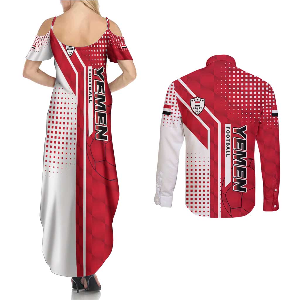 Yemen Football Couples Matching Summer Maxi Dress and Long Sleeve Button Shirt with Red and White Flag Design