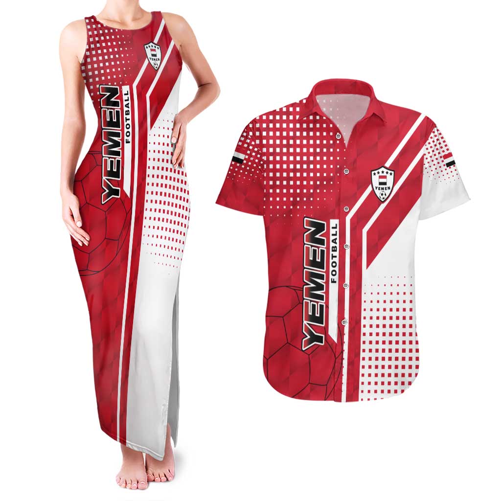 Yemen Football Couples Matching Tank Maxi Dress and Hawaiian Shirt with Red and White Flag Design