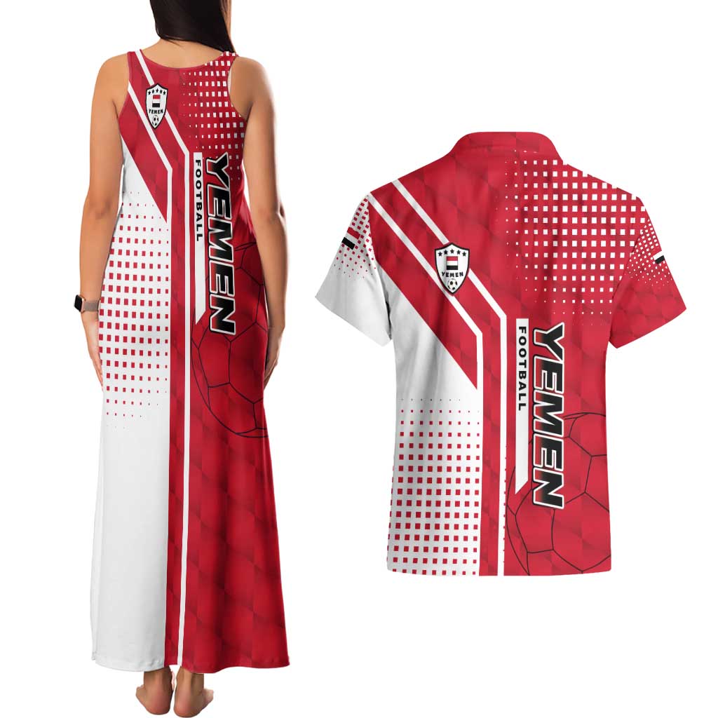 Yemen Football Couples Matching Tank Maxi Dress and Hawaiian Shirt with Red and White Flag Design