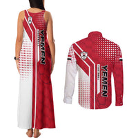 Yemen Football Couples Matching Tank Maxi Dress and Long Sleeve Button Shirt with Red and White Flag Design