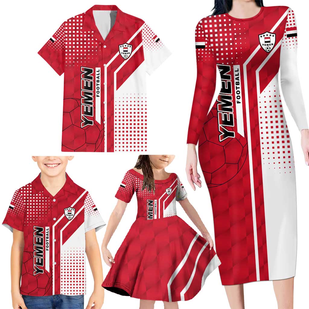 Yemen Football Family Matching Long Sleeve Bodycon Dress and Hawaiian Shirt with Red and White Flag Design