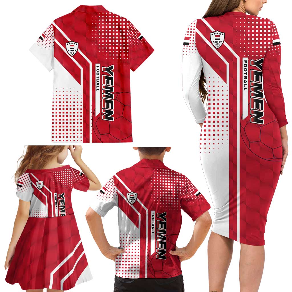 Yemen Football Family Matching Long Sleeve Bodycon Dress and Hawaiian Shirt with Red and White Flag Design