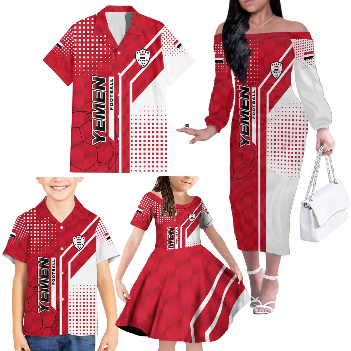 Yemen Football Family Matching Off The Shoulder Long Sleeve Dress and Hawaiian Shirt with Red and White Flag Design
