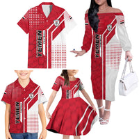 Yemen Football Family Matching Off The Shoulder Long Sleeve Dress and Hawaiian Shirt with Red and White Flag Design