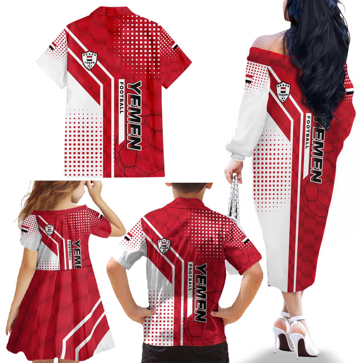 Yemen Football Family Matching Off The Shoulder Long Sleeve Dress and Hawaiian Shirt with Red and White Flag Design