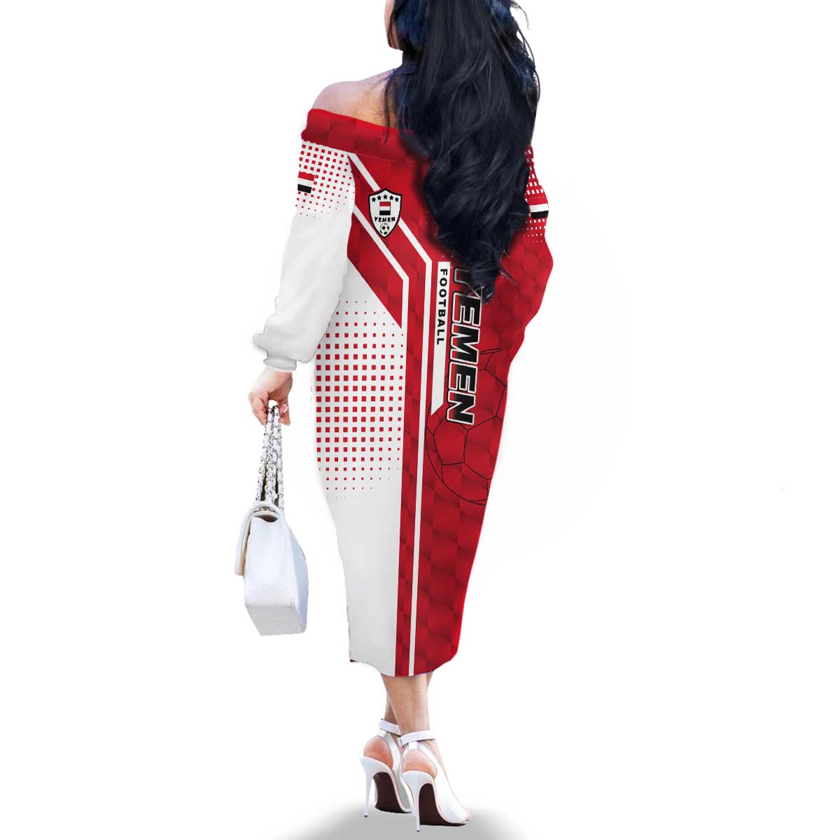 Yemen Football Family Matching Off The Shoulder Long Sleeve Dress and Hawaiian Shirt with Red and White Flag Design